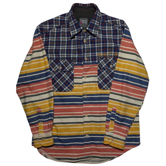 Think Pink Patchwork Flannel Shirt L Plaid Stripe Outdoor Vintage - Picture 1 of 14